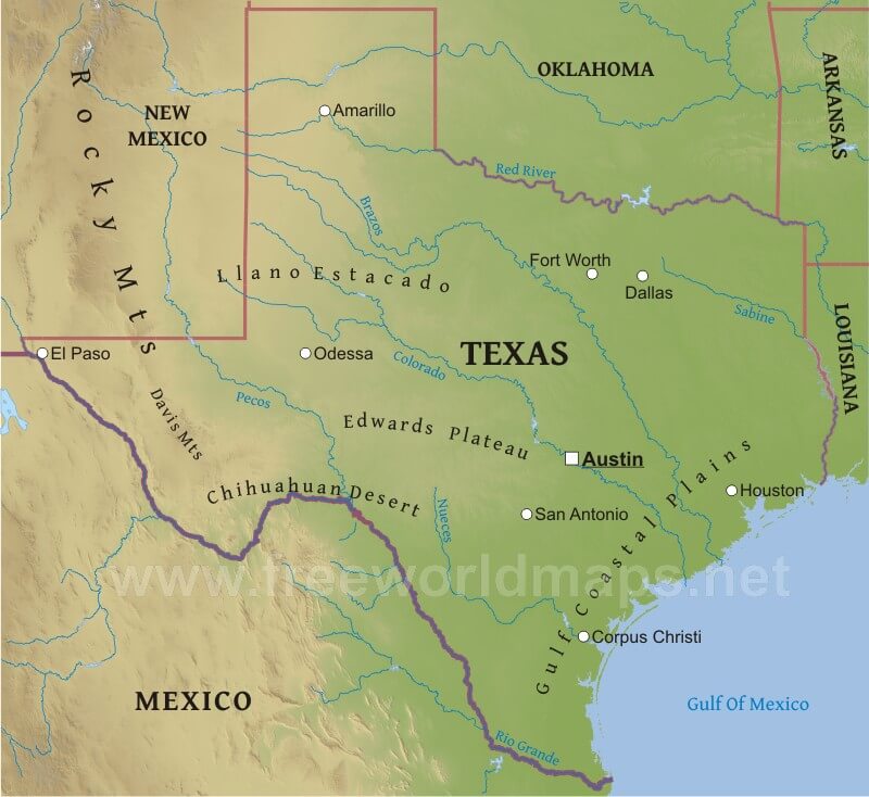 Physical map of Texas